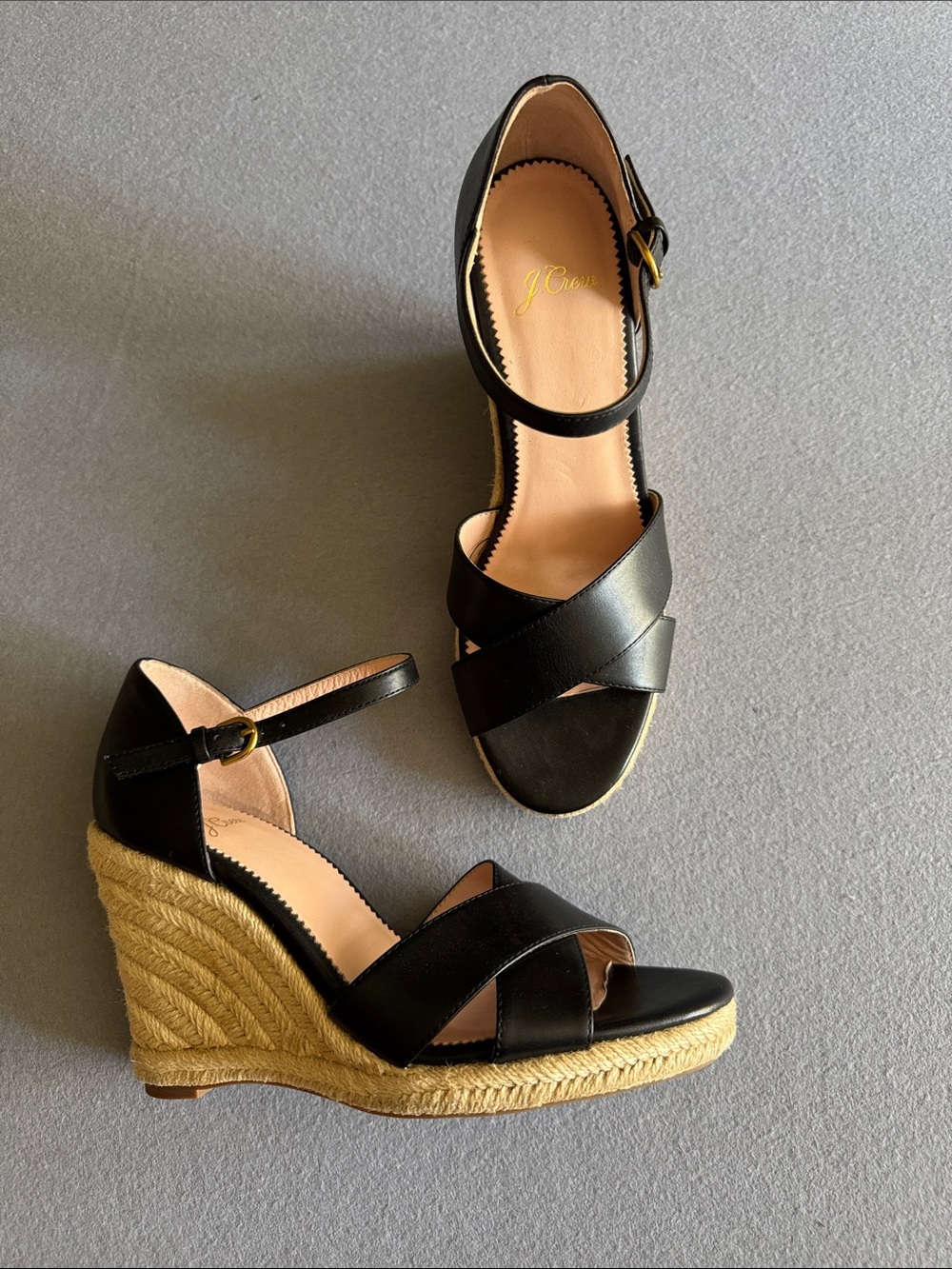 J. Crew Black Leather Espadrille Wedge Sandals with Ankle Strap